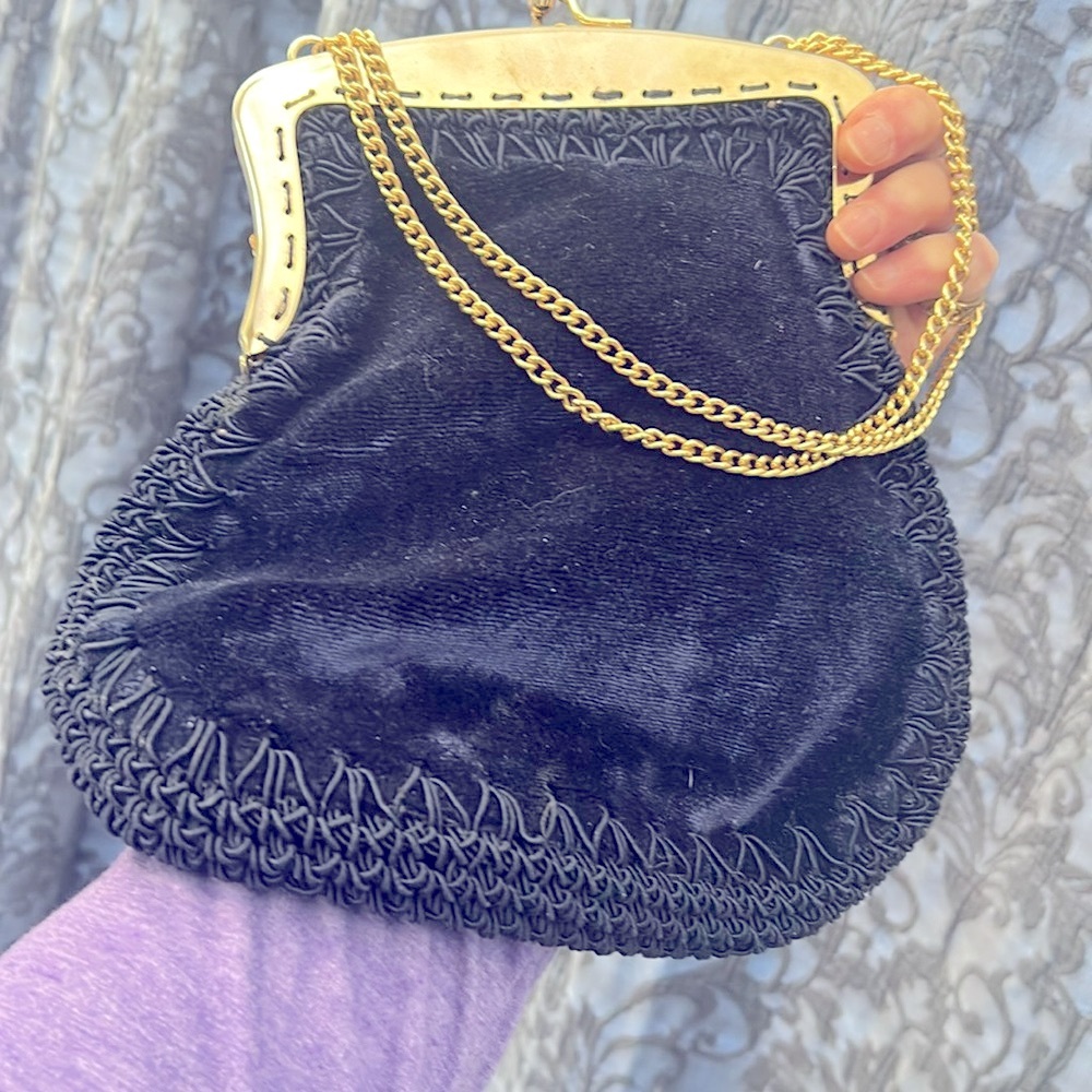 Blue Velvet Handbag Made in Italy Gold Chain Strap Italian Opera Purse - Picture 6 of 10